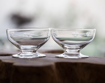 Vintage French Etched Glass Dessert Cups - Set of 2