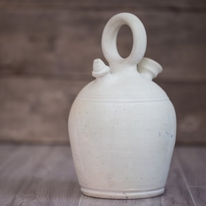 Antique Provencal Gargoulette French Water Jug White Sandstone Pitcher With Handle Bottle Statement Pottery