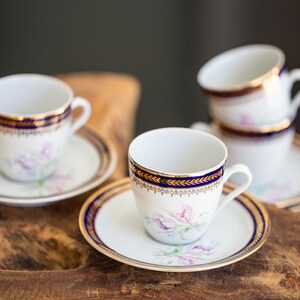 Vintage Saint Amand Porcelain Tea Set: Blue & Gold Floral Cups and Saucers