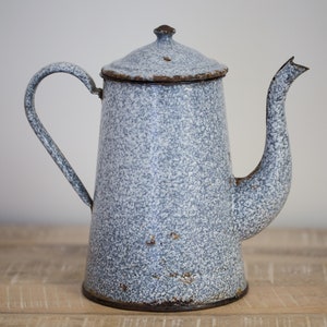 Vintage French Enamel Coffee Pot Gray Graniteware Teamaker Kettle Country Kitchen Rustic Decor