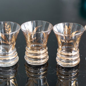 Vintage French Set of Bistro Shot Liquor Glasses Wheat Gold Rim 35 ml Aperirif Retro Barware 1950s