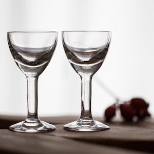 Antique French Set of 2 Tiny Thick Stemmed Bistro Glasses Bistro Aperirif Liquor Barware 1900s