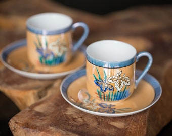 Japanese Lusterware Fine Bone China Porcelain Cups and Saucers Handpainted Iris Flower Set of 2 Coffee Set