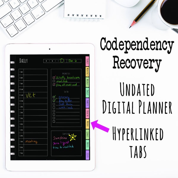Codependency Recovery Digital Download Undated Planner Monday Start Date Dark GoodNotes Notability Includes Digital Planner Stickers