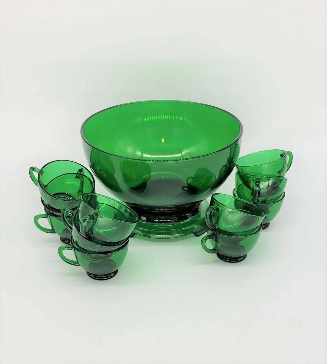 Anchor Hocking Green Glass Punch Bowl Set Etsy