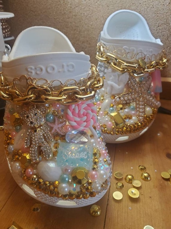 Designer custom crocs  Bedazzled shoes diy, Bedazzled shoes, Crocs