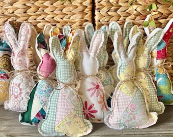 Upcycled Quilted Farmhouse bunnies, dough bowl decor, rustic rabbit