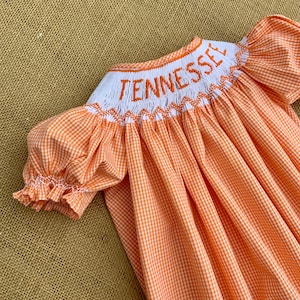 Smocked Tennessee bubble, Hand Smocked Tennessee dress, Smocked Vols Jon Jon, game day clothing, overalls, romper, custom  gift, play suit