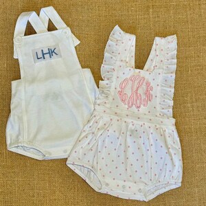 Personalized play suit, monogrammed jumper, personalized baby gift, gender reveal, baby announcement, romper, sun suit, embroidered bubble