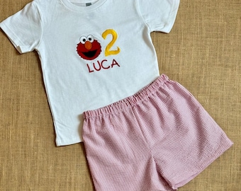 Personalized Embroidered Character Birthday shirt set, red monster