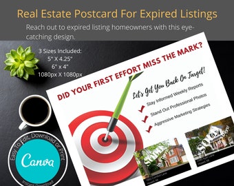 Plantilla de postal inmobiliaria con anuncio vencido: Canva Marketing (Descarga digital)