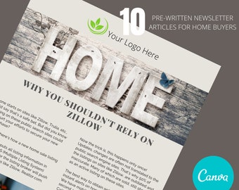 Paquete de boletines inmobiliarios: Consejos para compradores de vivienda, actualizaciones del mercado (plantilla de Canva)