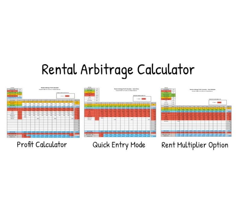 May include: A spreadsheet-style rental arbitrage calculator with three sections: Profit Calculator, Quick Entry Mode, and Rent Multiplier Option. Each section has a grid of cells with numbers and text.