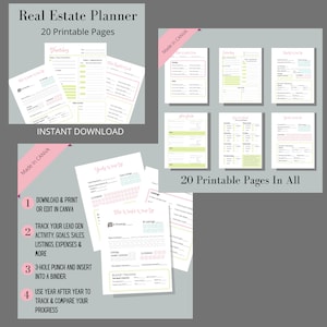 Hojas de seguimiento de planificación de agentes inmobiliarios Planificador diario de agentes inmobiliarios Lista de verificación de seguimiento de objetivos de agentes inmobiliarios Plantillas personalizables de CANVA