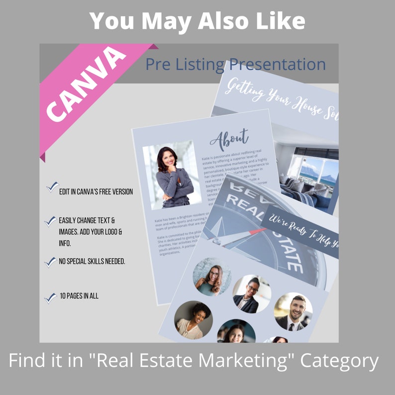 Pu&ograve; includere: Un modello Canva per una presentazione pre-listing per agenti immobiliari. Il modello &egrave; blu e bianco con un design a bussola e il testo "Be Real, We're Ready To Help You".