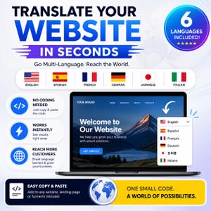 May include: A promotional graphic with the text "TRANSLATE YOUR WEBSITE IN SECONDS." It features a laptop displaying a website in English, with options for Spanish, French, German, Japanese, and Italian. The image promotes multi-language website translation.