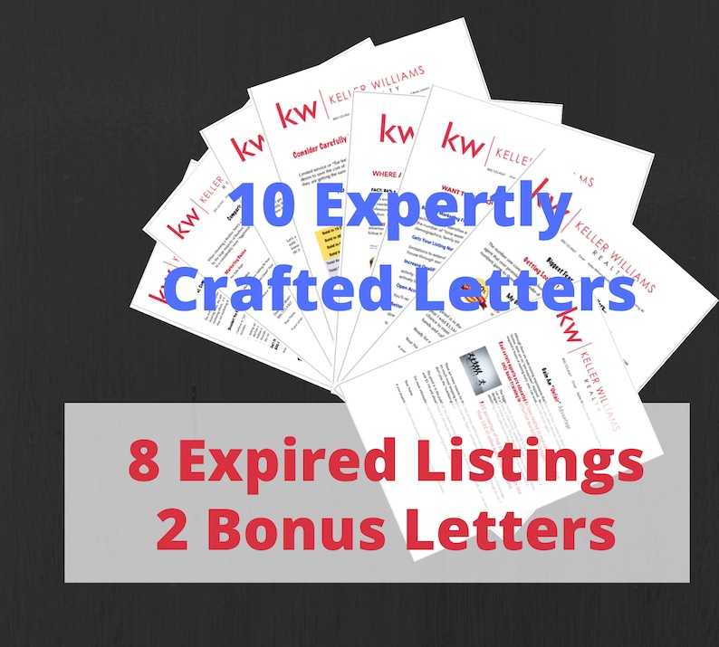 Puede incluir: Una colecci&oacute;n de 10 cartas elaboradas de forma experta para listados expirados, con el logotipo de Keller Williams Realty. Las cartas est&aacute;n dise&ntilde;adas para ayudar a los agentes inmobiliarios a reconectarse con clientes anteriores y generar nuevos clientes potenciales. Se incluyen 8 listados expirados y 2 cartas adicionales.