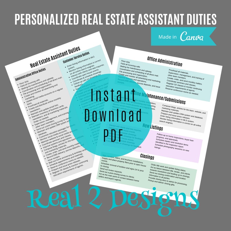 Pu&ograve; includere: Una grafica rosa e turchese con il testo "Personalized Real Estate Assistant Duties" e "Real 2 Designs" in grassetto, in bianco. La grafica elenca i compiti di un assistente immobiliare, tra cui compiti amministrativi d'ufficio, compiti di assistenza clienti, amministrazione d'ufficio, manutenzione/invio online, nuovi annunci e chiusure.