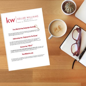 Puede incluir: Una hoja de papel blanca con el logotipo de Keller Williams Realty y el texto "Free Marketing Campaign Analysis", "Addressing the 'Elephant In The Room'" y "Answering 'Why?'". El texto est&aacute; en negro y rojo. El papel est&aacute; sobre una mesa de madera con un cactus, una taza de caf&eacute;, un cuaderno, un bol&iacute;grafo y unas gafas.