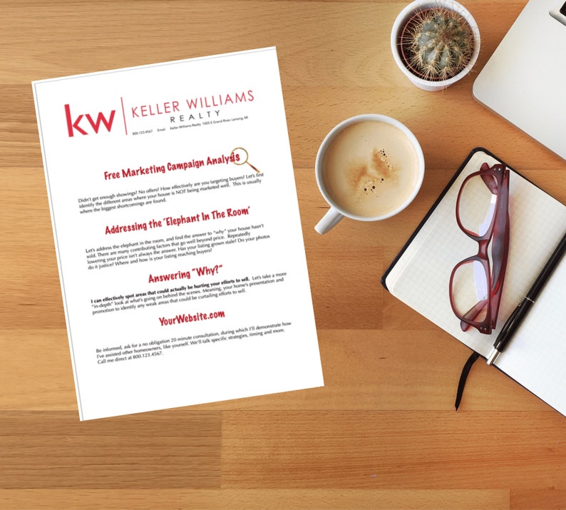 Puede incluir: Una hoja de papel blanca con el logotipo de Keller Williams Realty y el texto "Free Marketing Campaign Analysis", "Addressing the 'Elephant In The Room'" y "Answering 'Why?'". El texto est&aacute; en negro y rojo. El papel est&aacute; sobre una mesa de madera con un cactus, una taza de caf&eacute;, un cuaderno, un bol&iacute;grafo y unas gafas.