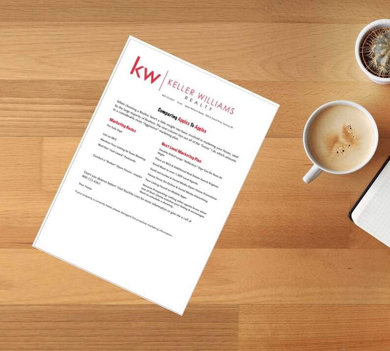 Puede incluir: Un folleto blanco y rojo de Keller Williams Realty con el t&iacute;tulo "Comparando manzanas con manzanas" y una lista de conceptos b&aacute;sicos de marketing y planes de marketing de nivel superior.