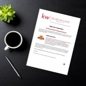 Puede incluir: Un folleto blanco y rojo de Keller Williams Realty con el texto "Biggest Fear of Home Sellers... Getting Locked Into A Long Term Contract" y un sello de garant&iacute;a de satisfacci&oacute;n del 100%.