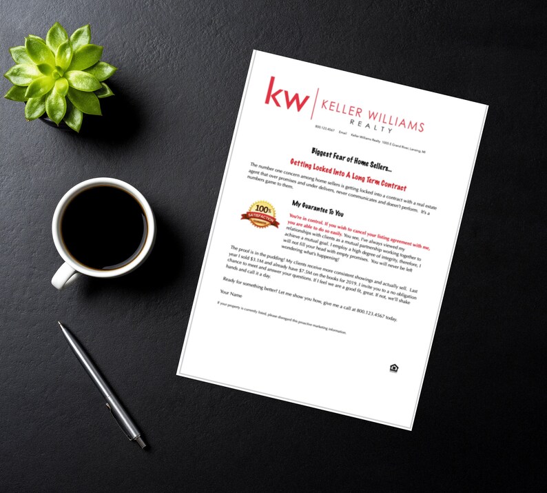 Puede incluir: Un folleto blanco y rojo de Keller Williams Realty con el texto "Biggest Fear of Home Sellers... Getting Locked Into A Long Term Contract" y un sello de garant&iacute;a de satisfacci&oacute;n del 100%.
