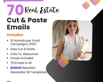 Paquete de email marketing inmobiliario: más de 70 correos electrónicos para compradores de vivienda y 50 plantillas de Canva