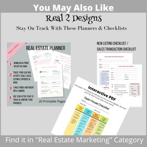 Pu&ograve; includere: Un kit di marketing digitale per agenti immobiliari. Il kit include un planner immobiliare, una checklist per nuovi annunci, una checklist per le transazioni di vendita e una checklist interattiva per le case aperte. Il kit &egrave; progettato per aiutare gli agenti immobiliari a rimanere organizzati e al passo con il loro business.