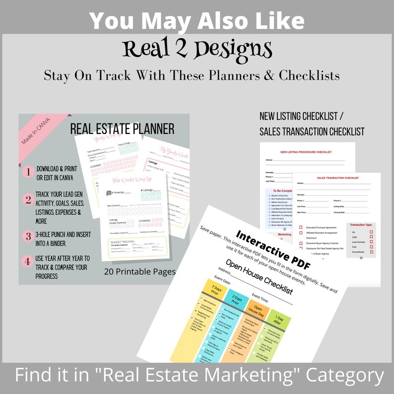 Pu&ograve; includere: Un kit di marketing digitale per agenti immobiliari. Il kit include un planner immobiliare, una checklist per nuovi annunci, una checklist per le transazioni di vendita e una checklist interattiva per le case aperte. Il kit &egrave; progettato per aiutare gli agenti immobiliari a rimanere organizzati e al passo con il loro business.