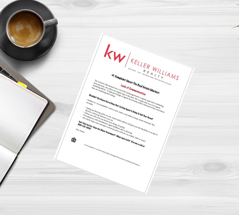 Puede incluir: Una hoja de papel blanca con el logotipo de Keller Williams Realty en rojo y negro. El texto "#1 Complaint About The Real Estate Market: Lack of Communication" est&aacute; impreso en negro. El texto "Don't let that be the Silent Treatment? Want more info? Give me a call at 800-123-4567" est&aacute; impreso en negro.