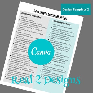 Pu&ograve; includere: Un modello di design Canva blu turchese con il testo "Modello di design 2" in bianco nella parte superiore. Il modello &egrave; per una descrizione del lavoro di assistente immobiliare. Il lato sinistro del modello elenca "Compiti amministrativi d'ufficio" e il lato destro elenca "Compiti di assistenza clienti".