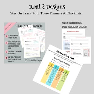 Puede incluir: Un conjunto de planificadores y listas de verificaci&oacute;n inmobiliarias imprimibles. Los planificadores incluyen un planificador inmobiliario con 20 p&aacute;ginas imprimibles, una lista de verificaci&oacute;n para nuevas listas y una lista de verificaci&oacute;n para transacciones de ventas. Las listas de verificaci&oacute;n est&aacute;n dise&ntilde;adas para ayudar a los agentes inmobiliarios a mantenerse organizados y al d&iacute;a con su negocio.