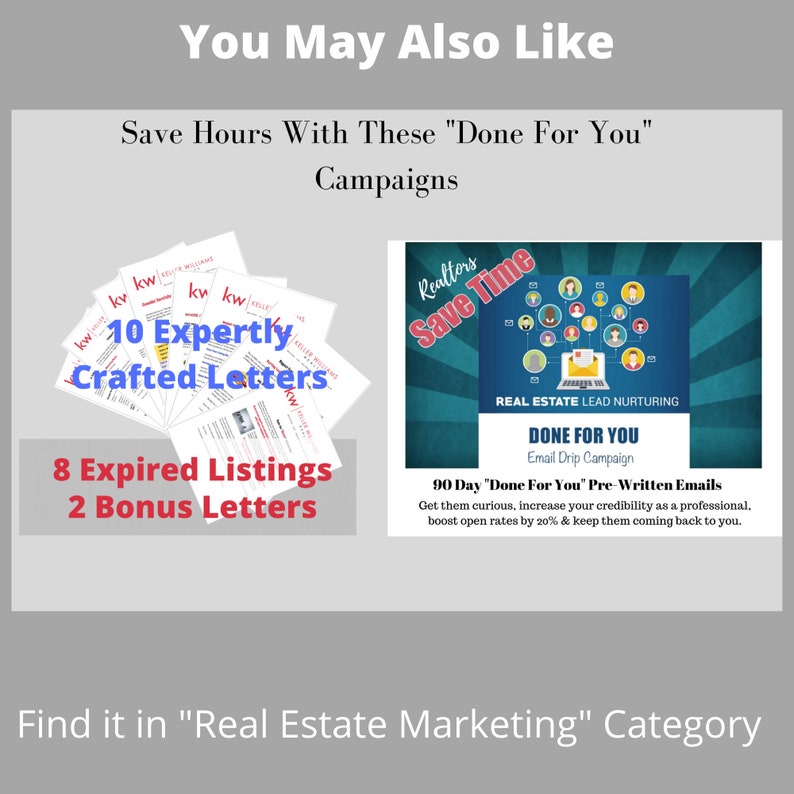 Pu&ograve; includere: Una grafica che mostra 10 lettere immobiliari realizzate con maestria, 8 annunci scaduti e 2 lettere bonus. La grafica mostra anche una campagna di email drip di 90 giorni per la fidelizzazione dei lead immobiliari. Il testo recita "Risparmia tempo con queste campagne "pronta all'uso"".