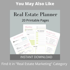 Pu&ograve; includere: Un planner immobiliare stampabile di 20 pagine. Il planner include sezioni per il monitoraggio degli elenchi, delle chiusure, degli appuntamenti e degli obiettivi. Il testo "This Week's Wrap Up", "Thursday", "Today's Top Priorities", "Today's Appointments" e "This Month's Goals" &egrave; visibile sulle pagine. Il planner &egrave; disponibile per il download immediato. Trovalo nella categoria "Marketing immobiliare".