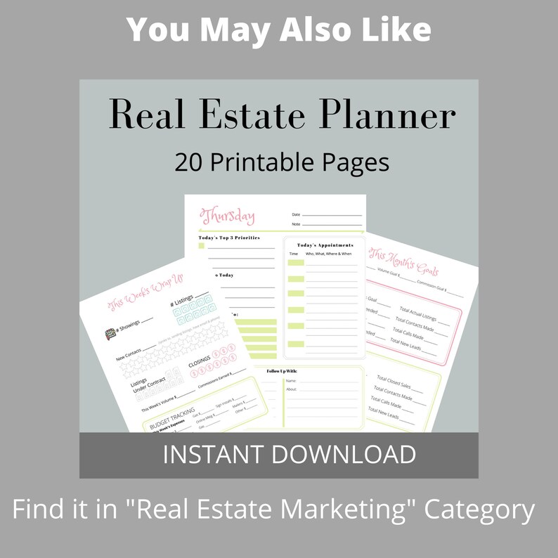 Pu&ograve; includere: Un planner immobiliare stampabile di 20 pagine. Il planner include sezioni per il monitoraggio degli elenchi, delle chiusure, degli appuntamenti e degli obiettivi. Il testo "This Week's Wrap Up", "Thursday", "Today's Top Priorities", "Today's Appointments" e "This Month's Goals" &egrave; visibile sulle pagine. Il planner &egrave; disponibile per il download immediato. Trovalo nella categoria "Marketing immobiliare".