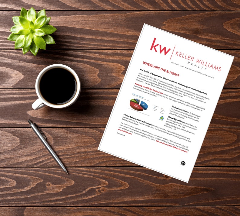 Puede incluir: Un folleto blanco y azul con el logotipo de Keller Williams Realty. El folleto tiene el t&iacute;tulo "&iquest;D&oacute;nde est&aacute;n los compradores?" y explica que el 84% de los compradores son el resultado directo de los esfuerzos de marketing de un agente. El folleto tambi&eacute;n incluye un gr&aacute;fico circular que muestra las diferentes formas en que los compradores encuentran casas.