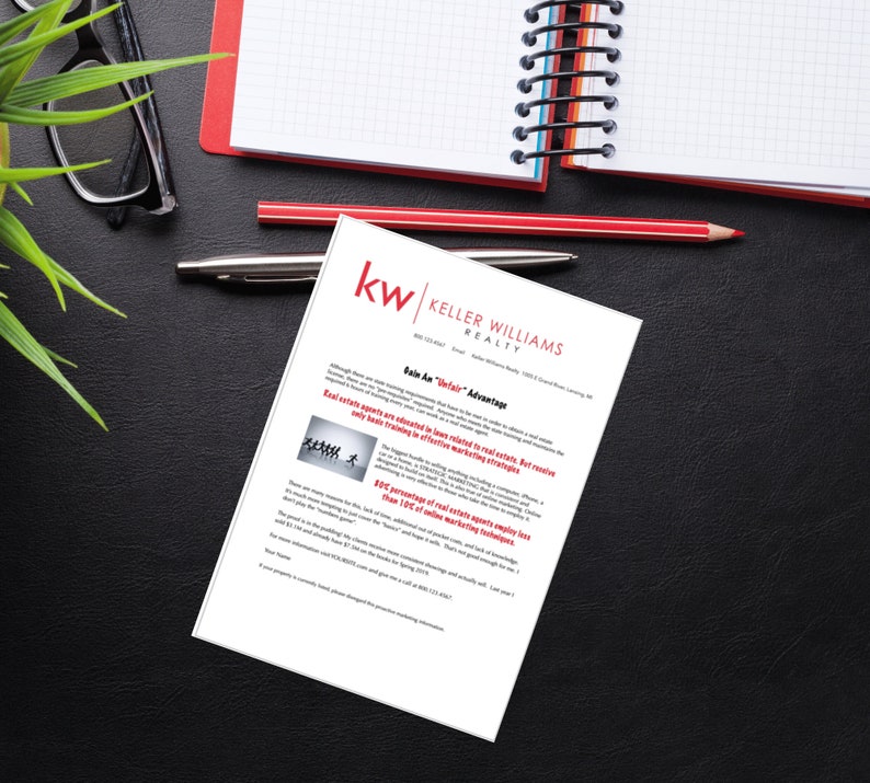 Puede incluir: Un folleto blanco y azul de Keller Williams Realty con el texto "Gain An "Unfair" Advantage" y un gr&aacute;fico de un grupo de personas caminando en fila. El folleto habla de los beneficios de trabajar con un agente de Keller Williams.