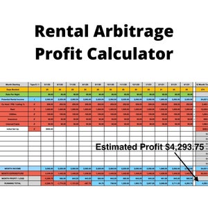 May include: A spreadsheet titled "Rental Arbitrage Profit Calculator" with a green, yellow, and red color scheme. The spreadsheet shows a 12-month profit projection with an estimated profit of $4,293.75.