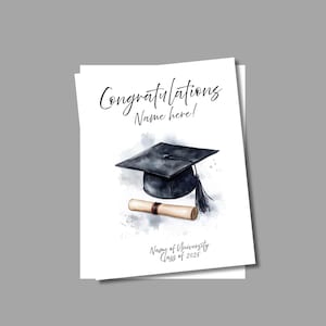 carte de remise de diplôme personnalisée | de voeux pour l'obtention du diplôme | Carte de voeux pour diplômé récent | Casquette et parchemin de remise des diplômes aquarelle
