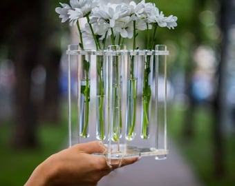 Acrylic transparent flower vase with glass test tubes, gift for valentine's day, birthday, for a girl