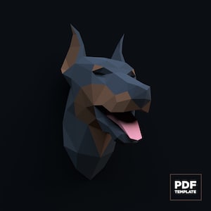 Doberman head Low Poly, Papercraft, PDF template, paper model, Sculpture, 3D Puzzle, polygonal model