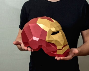 3D Papercraft Iron Man Mask Template – Low Poly Helmet Pattern, Printable DIY PDF