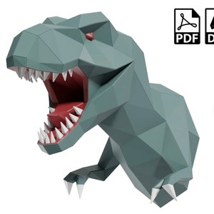 May include: A 3D paper model of a green T-Rex dinosaur with a large open mouth and sharp teeth. The model is designed to be assembled from paper and is available as a PDF and DXF file.