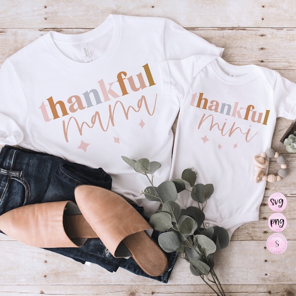 Thankful Mama Thankful Mini, Give Thanks Fall Thanksgiving Halloween Pumpkin Retro SVG Cut File Printable PNG Silhouette Cricut Sublimation