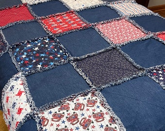 Patriotic Sofa Throw, rag quilt, denim sofa throw, denim quilt, country quilt, farmhouse, handmade, housewarming, Americana