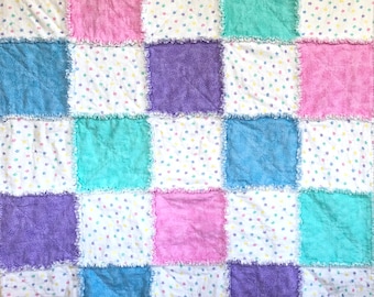 Pastel Stars Flannel Baby Rag Quilt, Handmade Nursery Decor