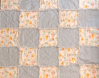 Pastel Bunnies 2 Baby Rag Quilt, baby shower gift, nursery decor, stroller cover, handmade, handmade gift, tummy time, flannel quilt