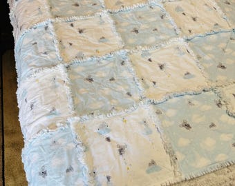 Baby Koala Cloud Rag Quilt, Cotton Flannel Stroller Blanket, Nursery Bedding (43" x 43")