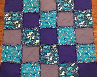 Baby Shark Rag Quilt, Handmade Cotton Flannel Blanket (43x43)